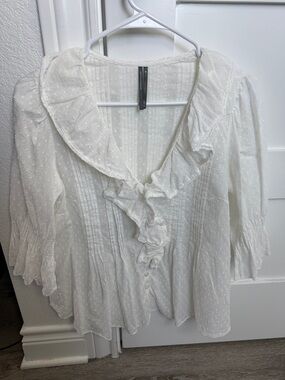 Anthropologie White Ruffled Swiss Dot Blouse - Women